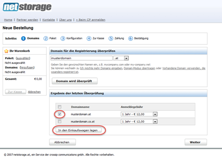 Domain in den Einkaufswagen