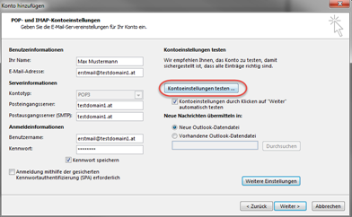 Kontoeinstellungen testen
