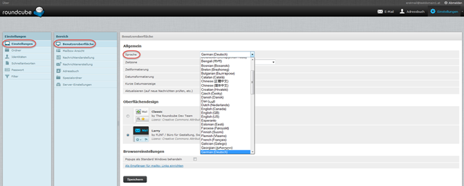 Roundcube Sprache ändern