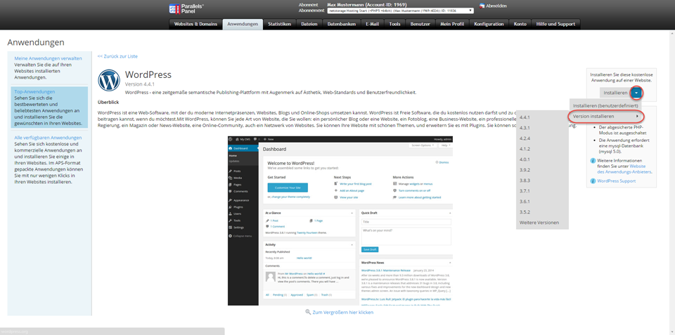 Wordpress Version auswählen